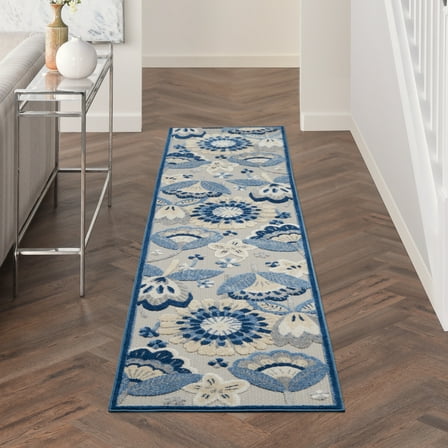 Nourison Aloha Indoor/Outdoor Floral Contemporary Blue/Grey 2'3" x 10' Area Rug, (2' x 10')