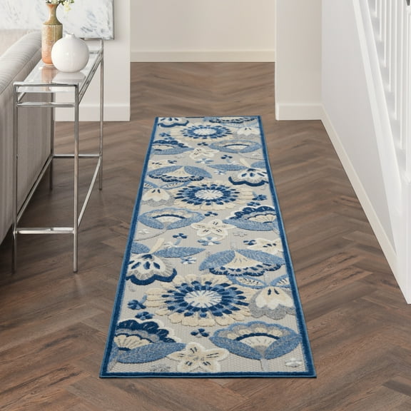Nourison Aloha Indoor/Outdoor Floral Contemporary Blue/Grey 2'3" x 10' Area Rug, (2' x 10')