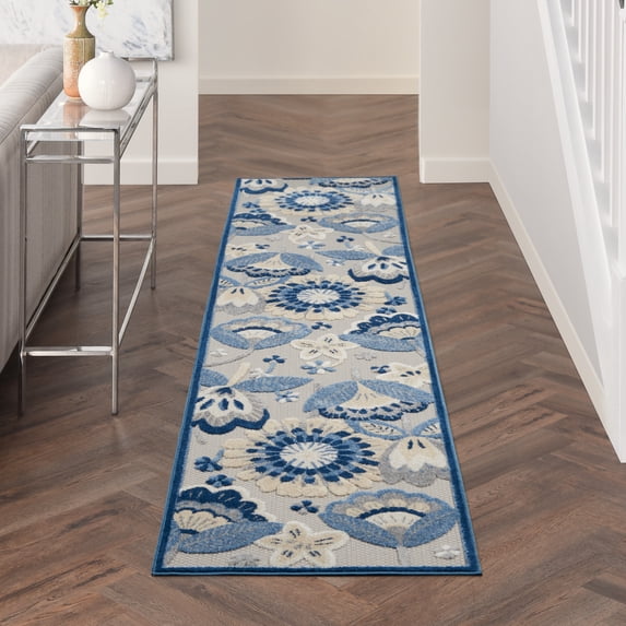Nourison Aloha Indoor/Outdoor Floral Contemporary Blue/Grey 2'3" x 12' Area Rug, (2' x 12')