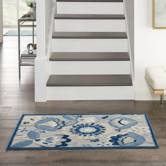 Nourison Aloha Indoor/Outdoor Floral Contemporary Blue/Grey 2'8" x 4' Area Rug, (3' x4')