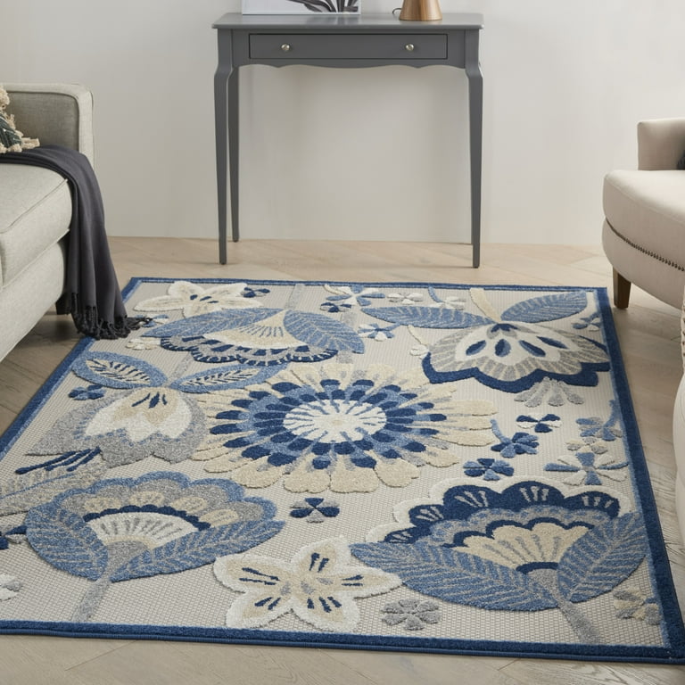 4' X 6' Grey/Blue Floral Indoor Outdoor Area Rug 4' X 6' Grey/Blue Floral Indoor Outdoor Area Rug