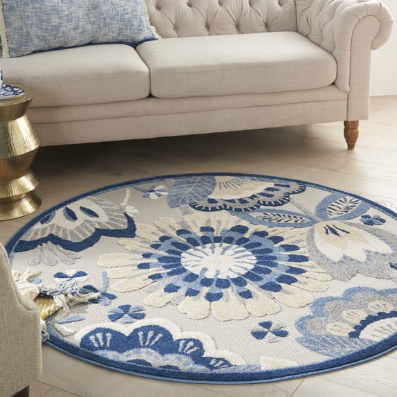 Nourison Aloha Indoor/Outdoor Floral Contemporary Blue/Grey 5'3" x round Area Rug, (5' Round)