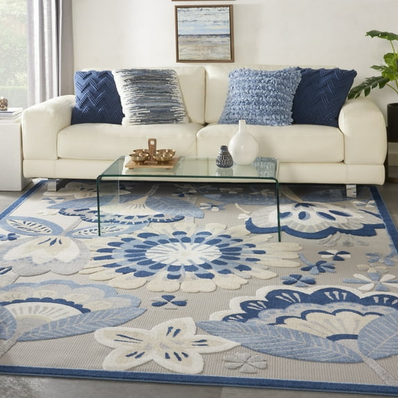 Nourison Aloha Indoor/Outdoor Floral Contemporary Blue/Grey 7'10" x 10'6" Area Rug, (8' x 11')