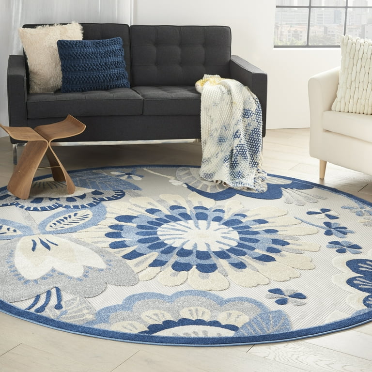 8' Round Blue And Gray Round Floral Indoor Outdoor Area Rug 8' Round Blue And Gray Round Floral Indoor Outdoor Area Rug