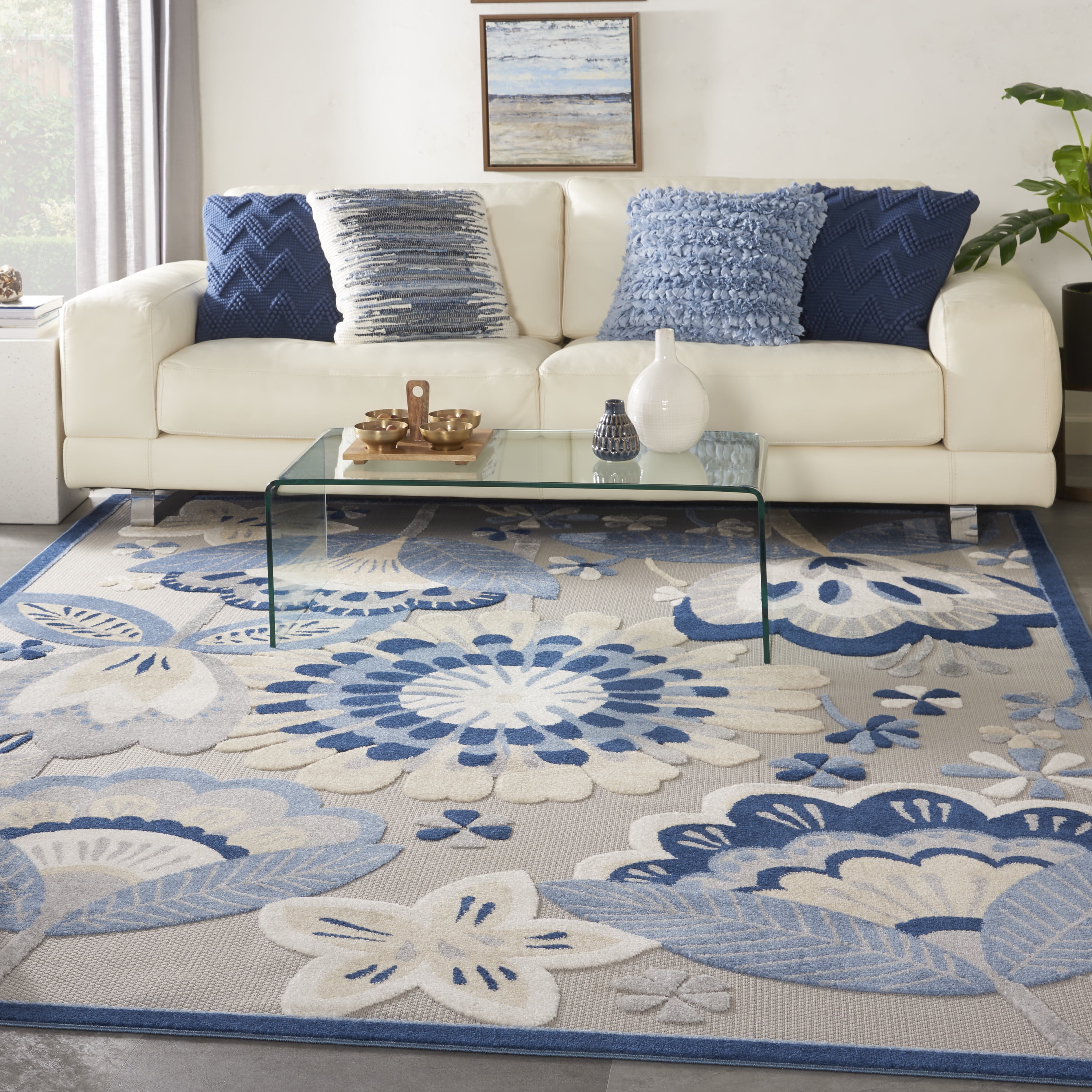 Nourison Aloha Indoor/Outdoor Floral Contemporary Blue/Grey 9' x 12' Area Rug, (9' x 12')