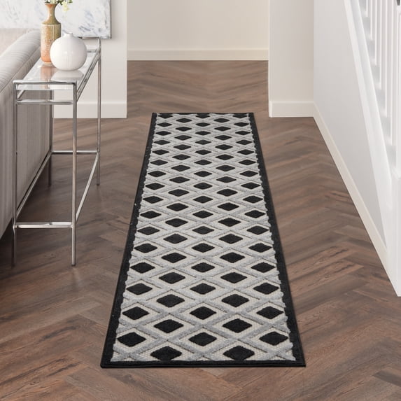 Nourison Aloha Indoor/Outdoor Geometric Modern Black White 2'3" x 10' Area Rug, (2' x 10')