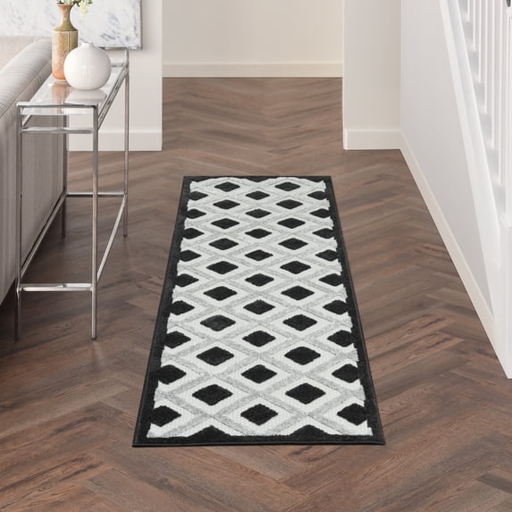 Nourison Aloha Indoor/Outdoor Geometric Modern Black White 2' x 6' Area Rug, (2' x 6')