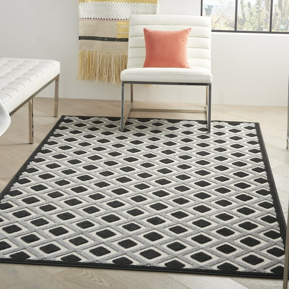 Nourison Aloha Indoor/Outdoor Geometric Modern Black White 3'6" x 5'6" Area Rug, (4' x 6')