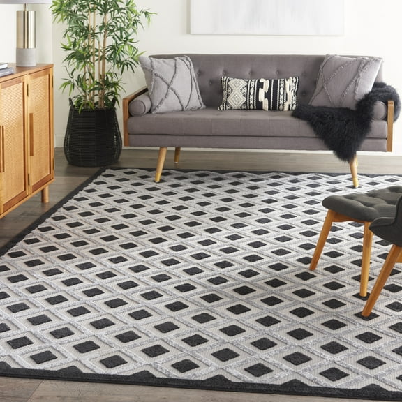 Nourison Aloha Indoor/Outdoor Geometric Modern Black White 9'6" x 13' Area Rug, (10' x 13')