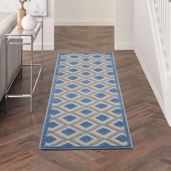 Nourison Aloha Indoor/Outdoor Geometric Modern Blue/Grey 2' x 6' Area Rug, (2' x 6')