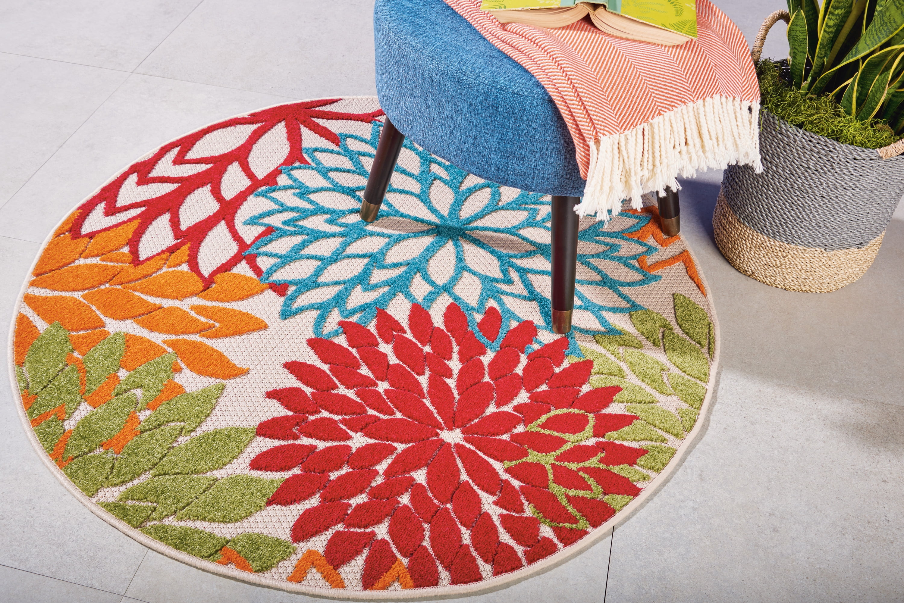 Green Floral Round Synthetic Flat Woven Area Rug
