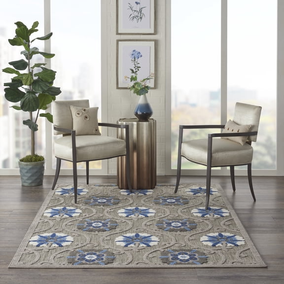 Nourison Aloha Indoor/Outdoor Grey/Blue 3'6" x 5'6" Area Rug, (4x6)