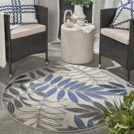 Nourison Aloha Indoor/Outdoor Grey/Blue 5'3" x ROUND Area Rug, (5 Round)