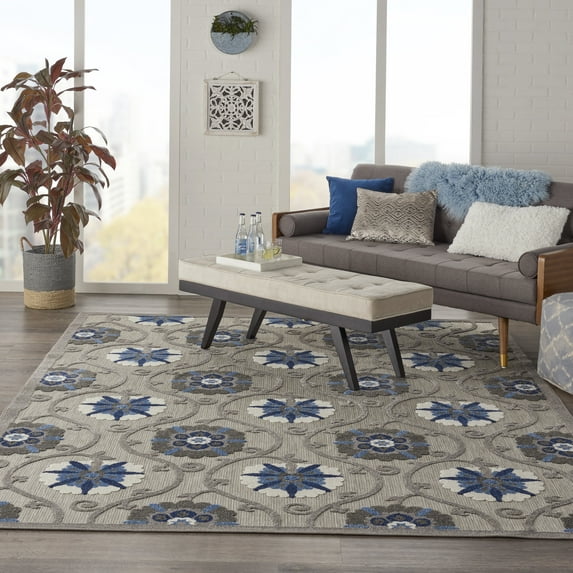 Nourison Aloha Indoor/Outdoor Grey/Blue 9'6" x 13' Area Rug, (10x13)