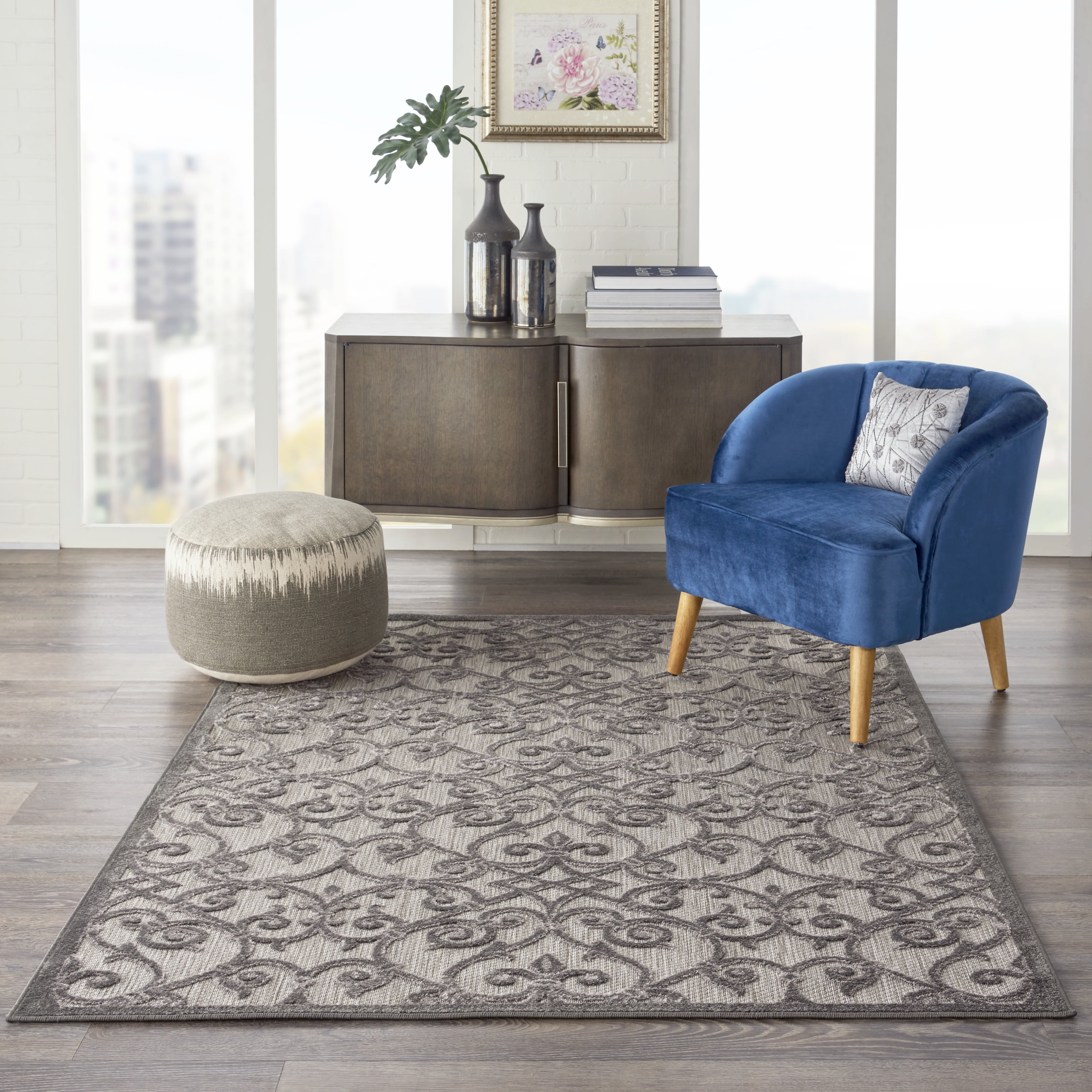 Grey and Charcoal Synthetic Flat Woven Reversible Area Rug