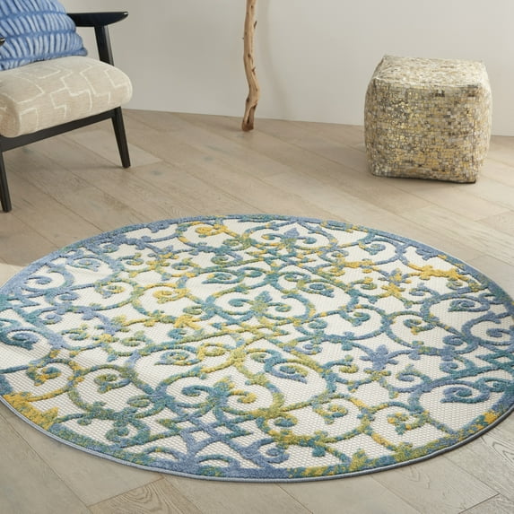Nourison Aloha Indoor/Outdoor Ivory Blue 4' x ROUND Area Rug, (4x Round)