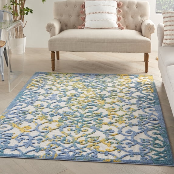 Nourison Aloha Indoor/Outdoor Ivory Blue 5'3" x 7'5" Area Rug, (5x7)