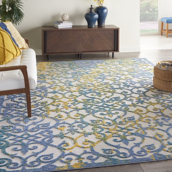 Nourison Aloha Indoor/Outdoor Ivory Blue 7' x 10' Area Rug, (7x10)