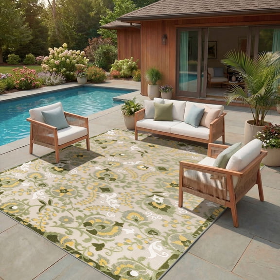 Nourison Aloha Floral Textured Flatweave High-Low Indoor Outdoor Area Rug Ivory Green 12' x 15'