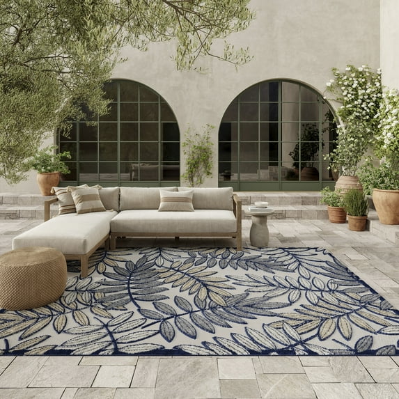 Nourison Aloha Indoor/Outdoor Ivory/Navy 7'10" x 10'6" Area Rug, (8x11)