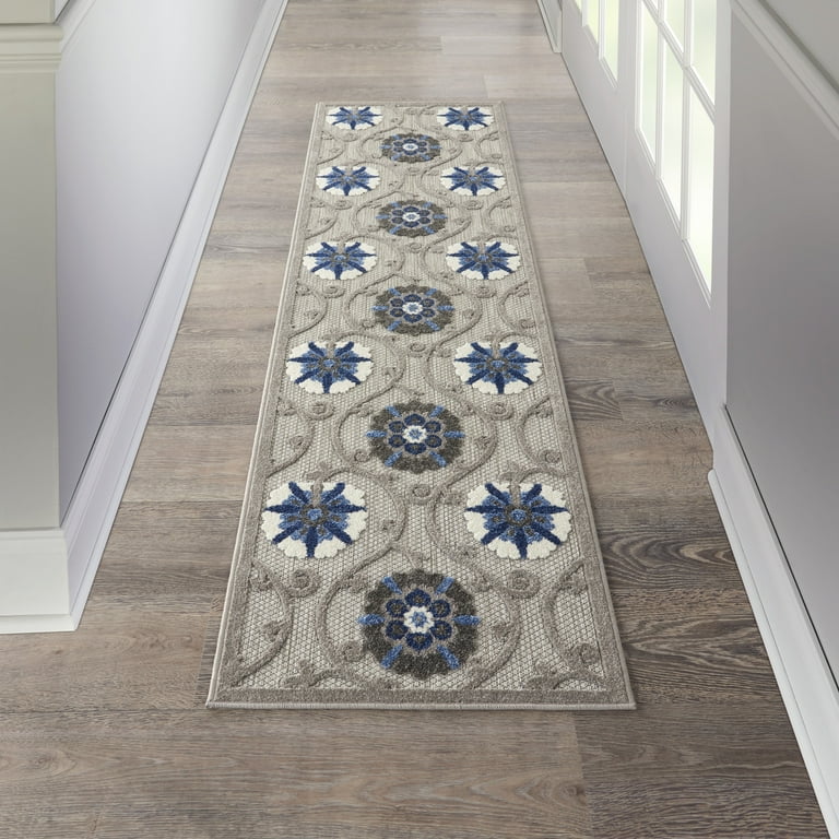 2' X 6' Grey/Blue Floral Indoor Outdoor Area Rug 2' X 6' Grey/Blue Floral Indoor Outdoor Area Rug