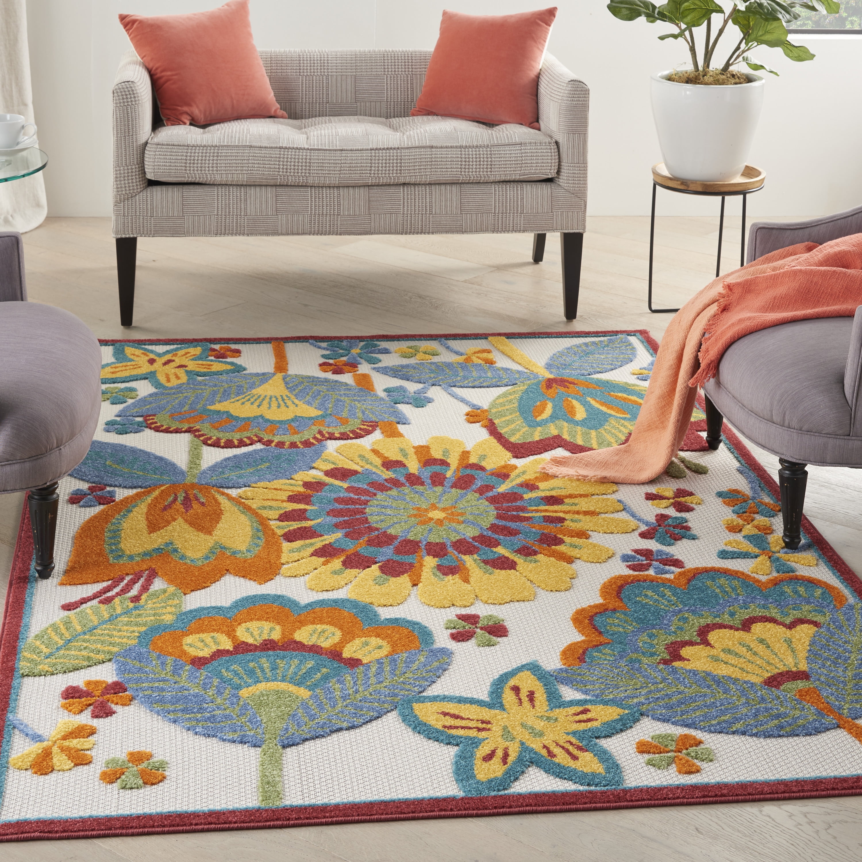 Aloha Collection 63" Multicolor Floral Round Indoor/Outdoor Rug
