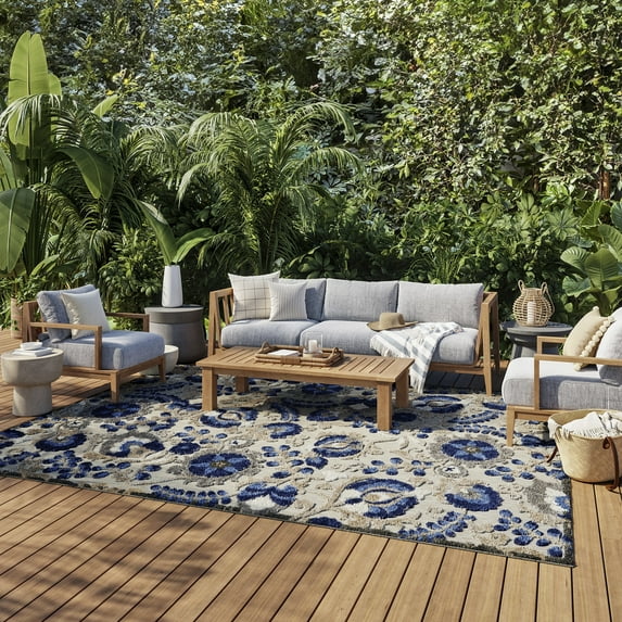 Nourison Aloha Indoor/Outdoor Natural/Blue 9'6" x 13' Area Rug, (10x13)