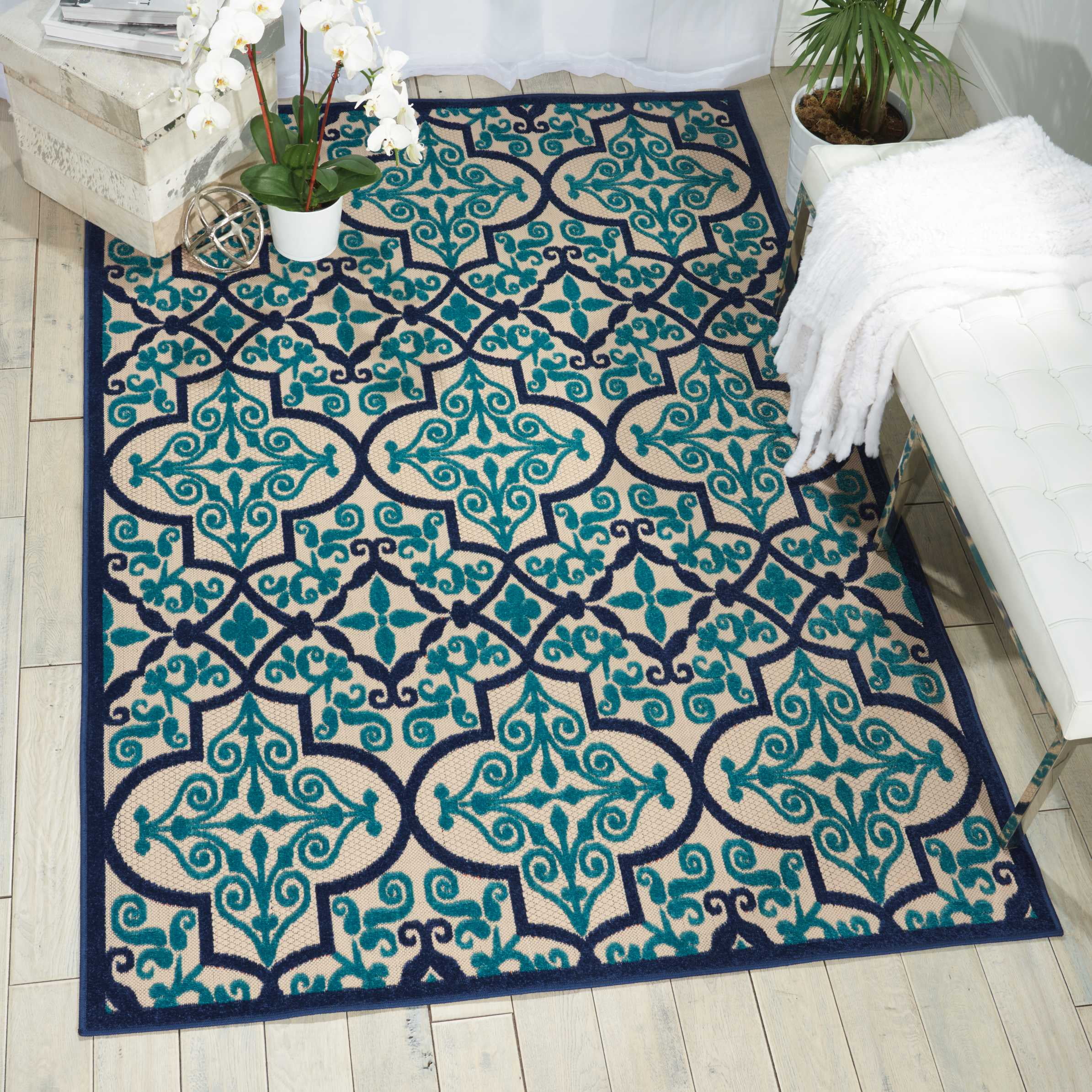 Navy Synthetic Flat Woven 5' x 7' Stain-Resistant Rug
