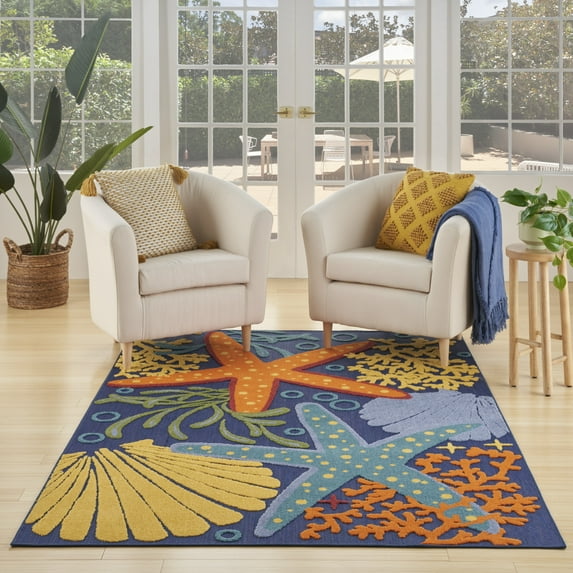 Nourison Aloha Indoor/Outdoor Navy Multicolor 5'3" x 7'5" Area Rug (5x7)