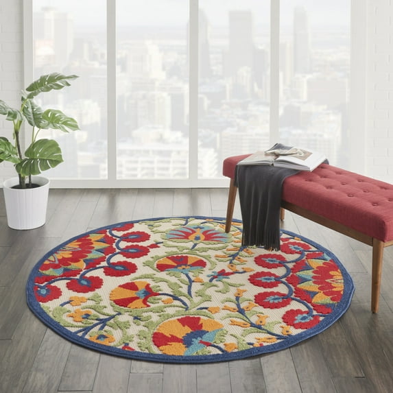 Nourison Aloha Indoor/Outdoor Red/Multi 5'3" x round Area Rug, (5 Round)