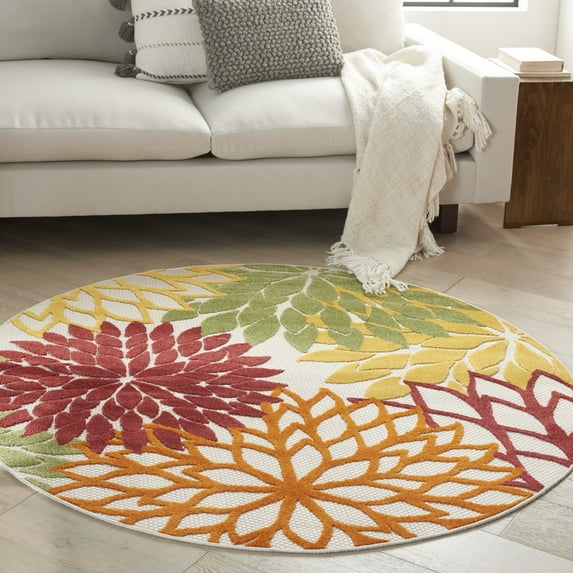 Nourison Aloha Indoor/Outdoor Red Multi Colored 5'3" x round Area Rug, (5 Round)