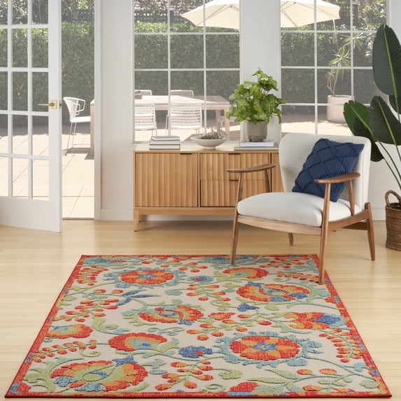 Nourison Aloha Indoor Outdoor Red Multicolor 3'6" x 5'6" Area Rug, Easy Cleaning, Non Shedding, Bed Room, Living Room, Dining Room, Kitchen (4x6)