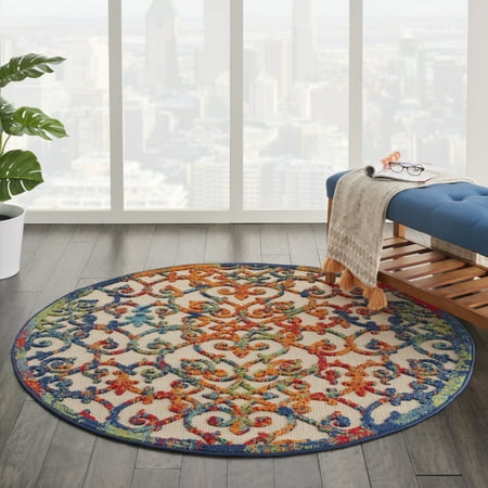 Nourison Aloha Indoor/Outdoor Transitional French Country Multicolor 5'3" x ROUND Area Rug, (5' Round)