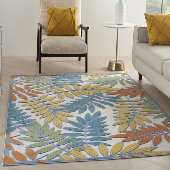 Nourison Aloha Indoor/Outdoor Tropical Botanical Ivory/Multi 5'3" x 7'5" Area Rug, (5' x 7')