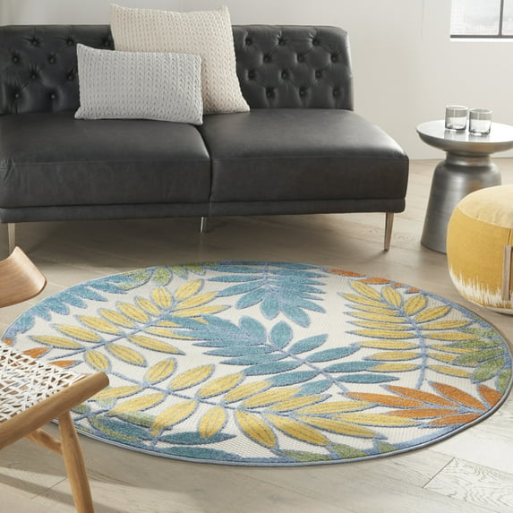 Nourison Aloha Indoor/Outdoor Tropical Botanical Ivory/Multi 5'3" x round Area Rug, (5' Round)