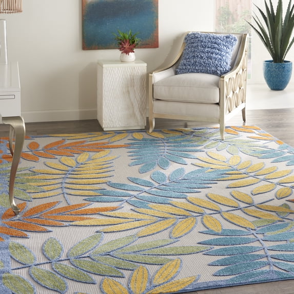 Nourison Aloha Indoor/Outdoor Tropical Botanical Ivory/Multi 9' x 12' Area Rug, (9' x 12')