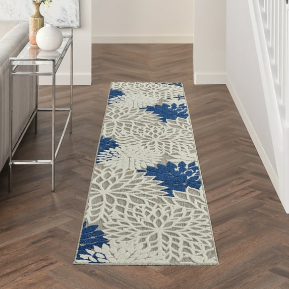 Nourison Aloha Indoor/Outdoor Tropical Floral Ivory/Navy 2'3" x 12' Area Rug, (12' Runner)