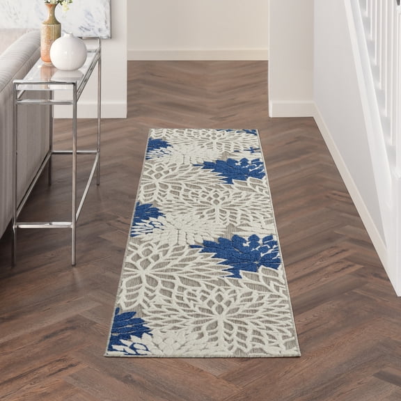 Nourison Aloha Indoor/Outdoor Tropical Floral Ivory/Navy 2' x 6' Area Rug, (6' Runner)