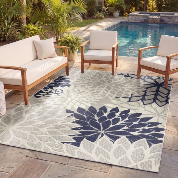 Nourison Aloha Indoor/Outdoor Tropical Floral Ivory/Navy 3'6" x 5'6" Area Rug, (4' x 6')