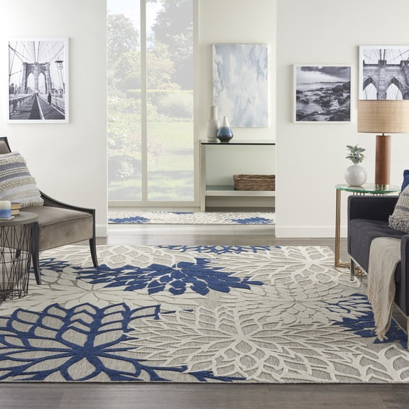 Nourison Aloha Indoor/Outdoor Tropical Floral Ivory/Navy 7'10" x 10'6" Area Rug, (8' x 11')