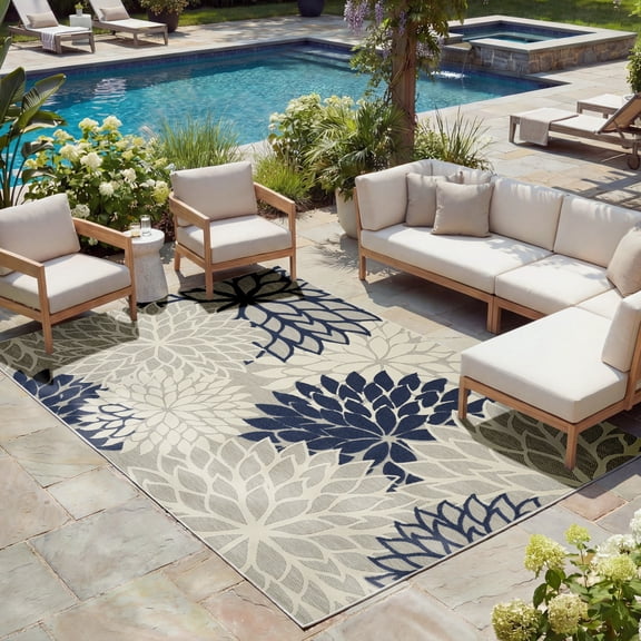 Nourison Aloha Indoor/Outdoor Tropical Floral Ivory/Navy 7' x 10' Area Rug, (7' x 10')