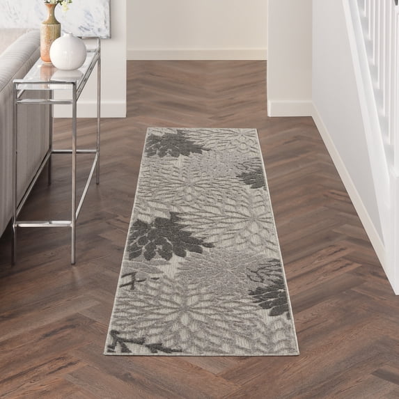 Nourison Aloha Indoor/Outdoor Tropical Floral Silver Grey 2'3" x 8' Area Rug, (8' Runner)