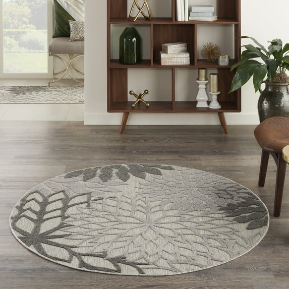 Nourison Aloha Indoor/Outdoor Tropical Floral Silver Grey 4' x round Area Rug, (4' Round)