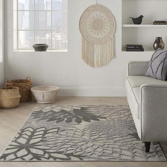 Nourison Aloha Indoor/Outdoor Tropical Floral Silver Grey 5'3" x 7'5" Area Rug, (5' x 8')