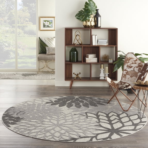 Nourison Aloha Indoor/Outdoor Tropical Floral Silver Grey 7'10" x round Area Rug, (8' Round)