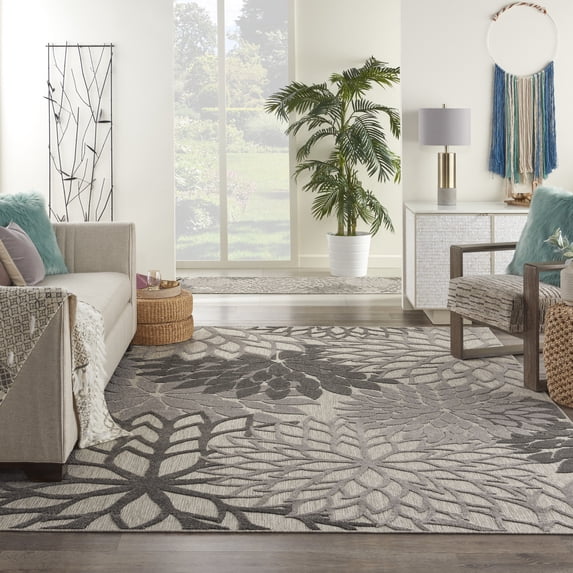 Nourison Aloha Indoor/Outdoor Tropical Floral Silver Grey 7' x 10' Area Rug, (7' x 10')