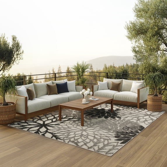 Nourison Aloha Indoor/Outdoor Tropical Floral Silver Grey 9'6" x 13' Area Rug, (10' x 13')