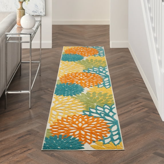 Nourison Aloha Indoor/Outdoor Tropical Floral Turquoise Multicolor 2'3" x 10' Area Rug, (10' Runner)