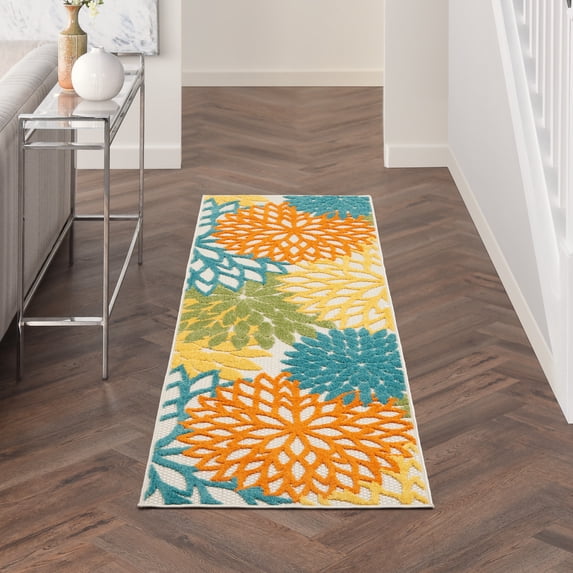 Nourison Aloha Indoor/Outdoor Tropical Floral Turquoise Multicolor 2' x 6' Area Rug, (6' Runner)