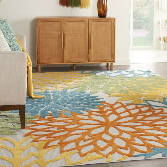 Nourison Aloha Indoor/Outdoor Tropical Floral Turquoise Multicolor 7'10" x 10'6" Area Rug, (8' x 11')